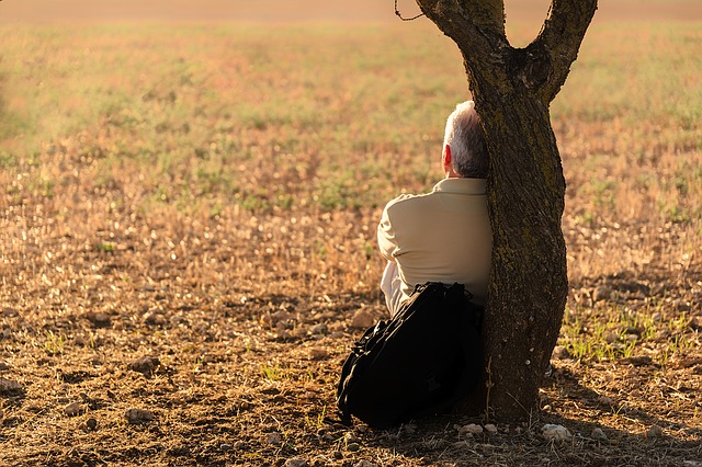 solitary man relaxing against tree